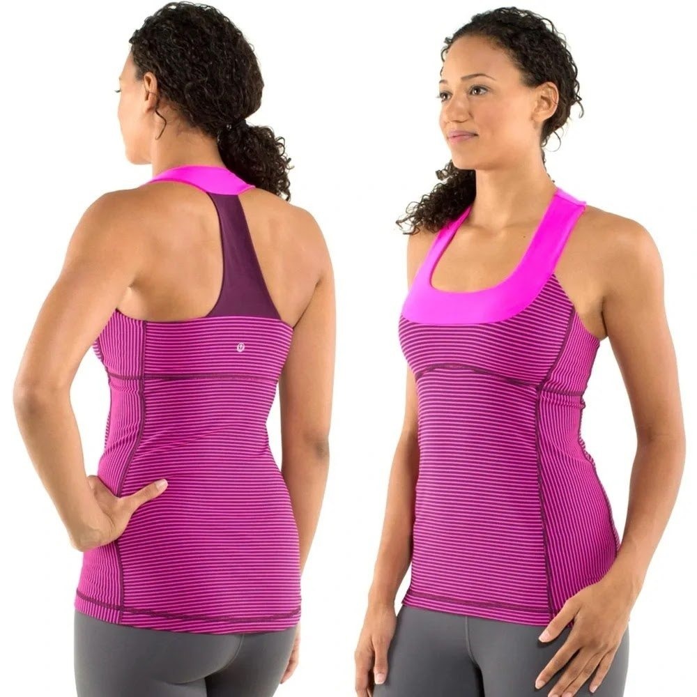 Lululemon Scoop Neck Tank Top Pink Purple Striped Racerback Shelf Bra Activewear